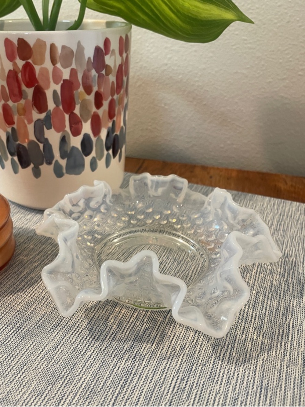 Vintage Fenton Opalescent Hobnail Candy Dish – Ruffled Edge “Moonstone” Glass